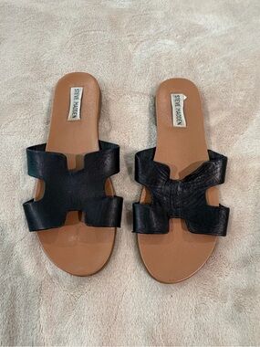 Steve Madden Black Leather Double-Strap Slide Sandals Size 7